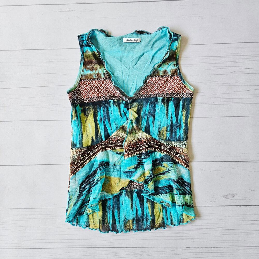 Euro Mesh Top Boho Y2k Sleeveless Blue - Size Small